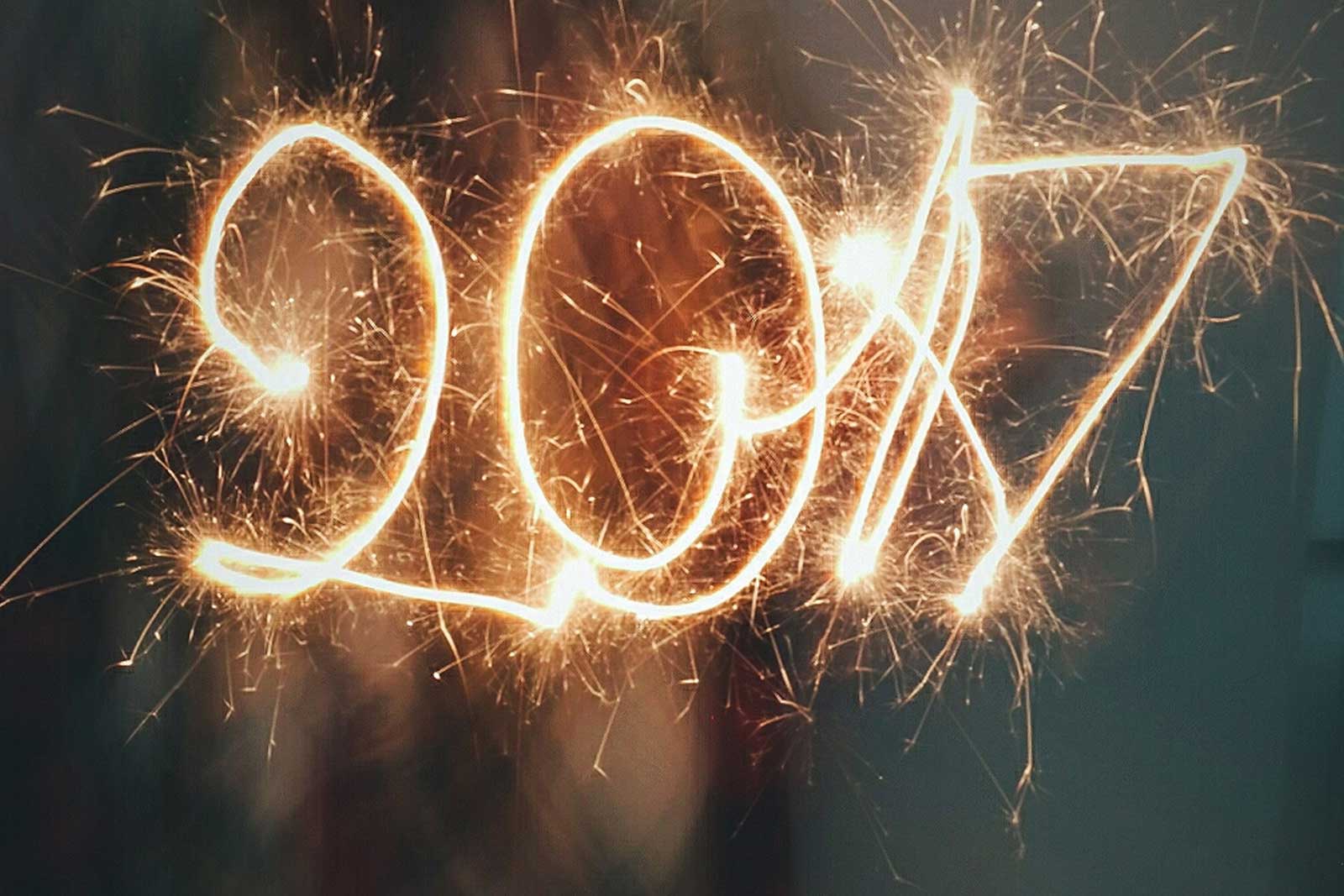 The year 2017 spelled out with sparklers.