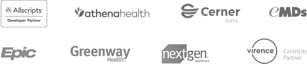 Logos of the EMR/PM system companies that integrate with Phreesia.