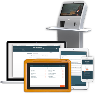 Image of Phreesia’s Arrivals patient check-in kiosk, laptop, tablet, PhreesiaPad, and mobile device