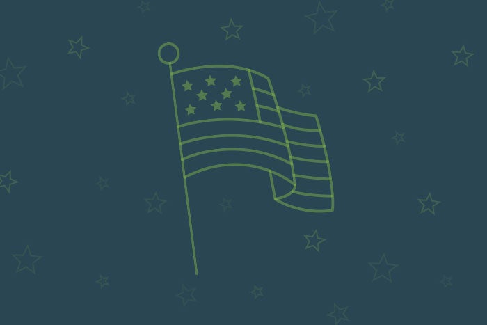 Graphic of American flag on navy background surrounded by green stars