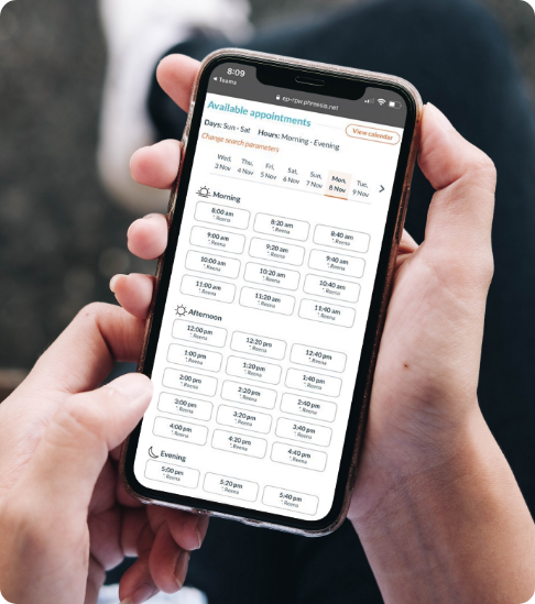 Mobile phone showing screenshot of Phreesia's self-scheduling tool to view upcoming available appointments