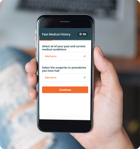 Mobile phone showing screenshot of a past medical history questionaire