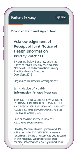 Patient privacy consent form being signed on mobile phone