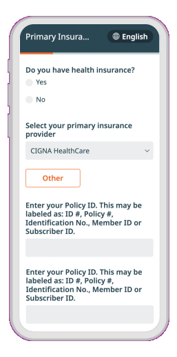 Filling out insurance information on mobile phone