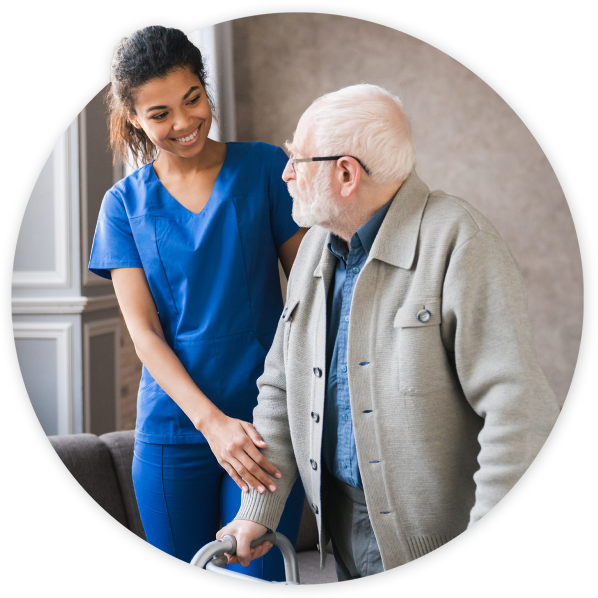 Young female nurse helping older patient walk using a walker