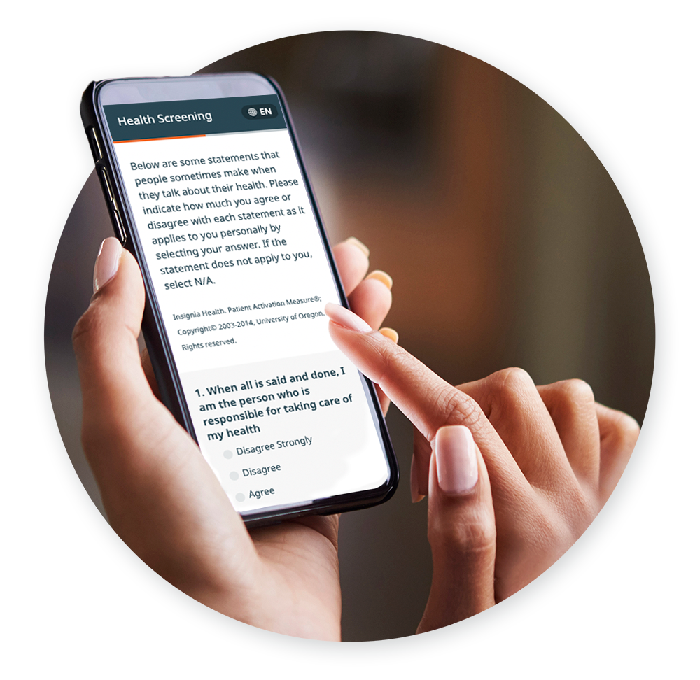 PAM_overview_banner2c Person completing health screening survey on mobile phone