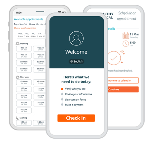 Mobile phone screens showing pre-registration and self-scheduling screens