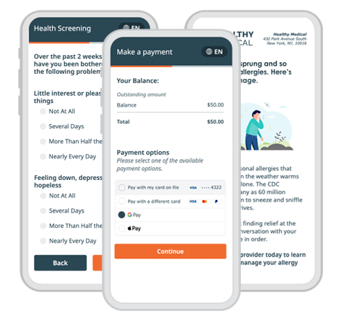 Mobile phone screens showing time-of-service payment, PRO, and health campaign screen