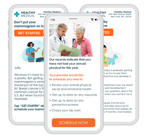 Mobile phone screens showing appointment reminder, outreach campaign, and appointment cancellation