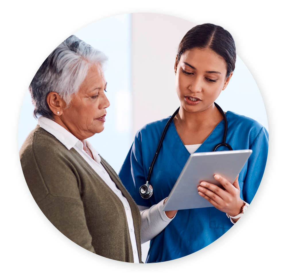 RL_banner2 Nurse talking to older patient and showing information on tablet