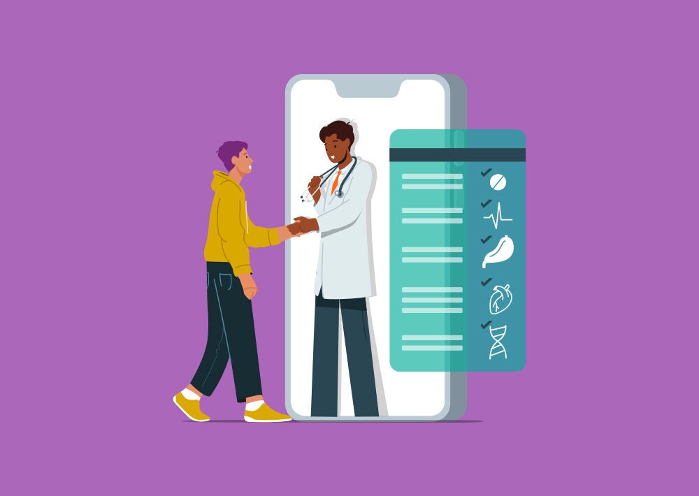 An illustration of a medical professional shaking hands with a patient against a purple background and a graphic depicting digital intake processes.