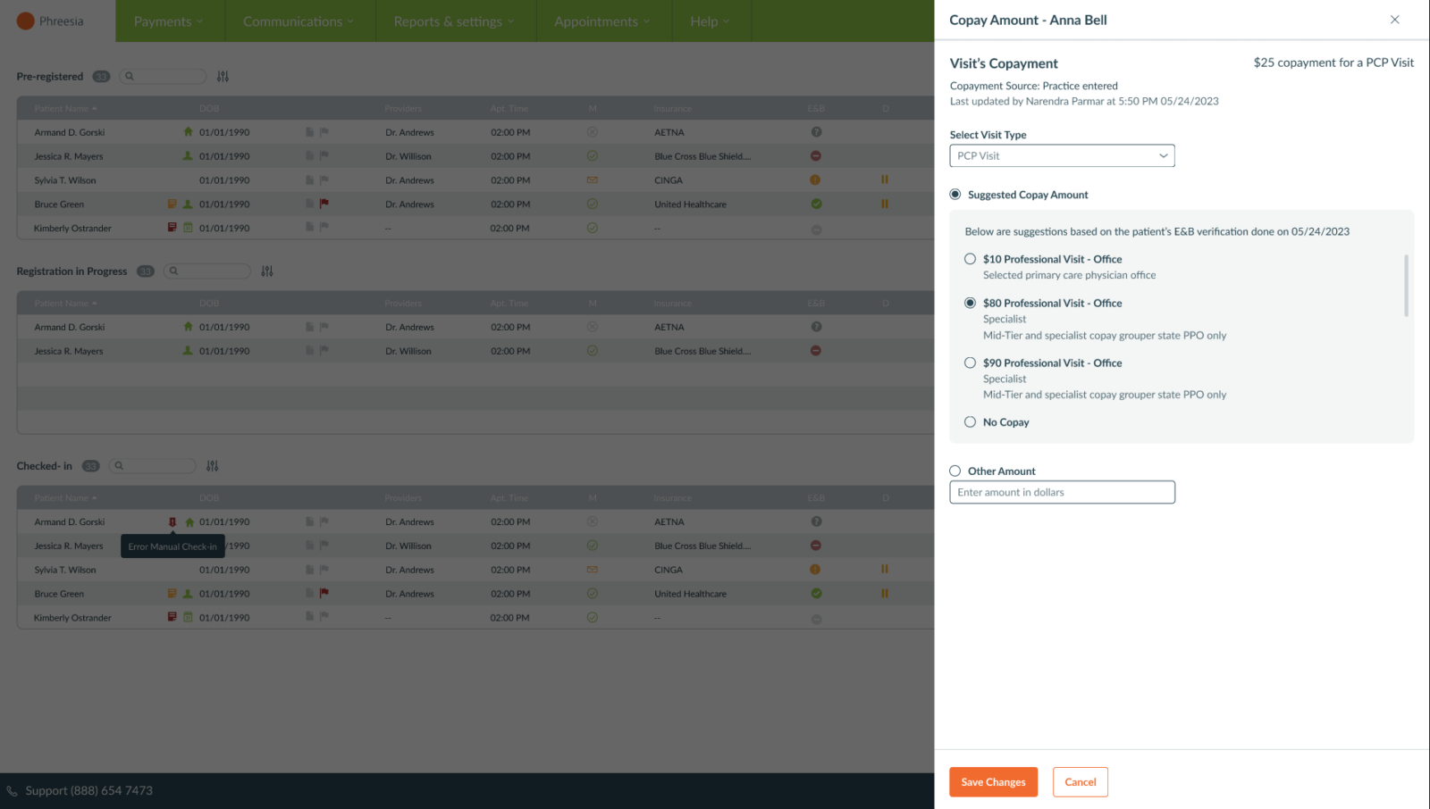 A screenshot of the copay overlay, which prompts the user to manually adjust a patient's copay information efficiently.