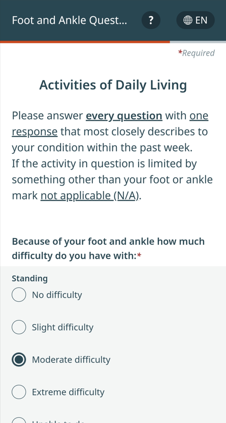 A screenshot of a questionnaire about whether daily activities are impeded by pain in the foot, ankle or joint.