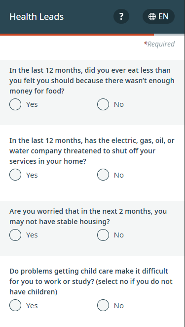 A screenshot of a questionnaire asking about access to food, utilities, housing and more.
