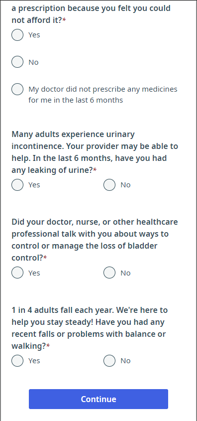A questionnaire asking about patients' experiences with healthcare professionals and healthcare settings in their pasts.