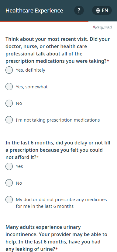 A questionnaire asking about patients' experiences with healthcare professionals and healthcare settings in their pasts.