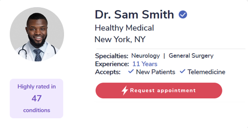 A screenshot of a verified MediFind provider profile with a "request appointment" button.