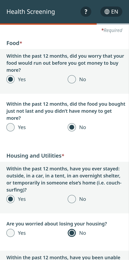 A screenshot of a questionnaire about access to social needs like food, housing and utilities.