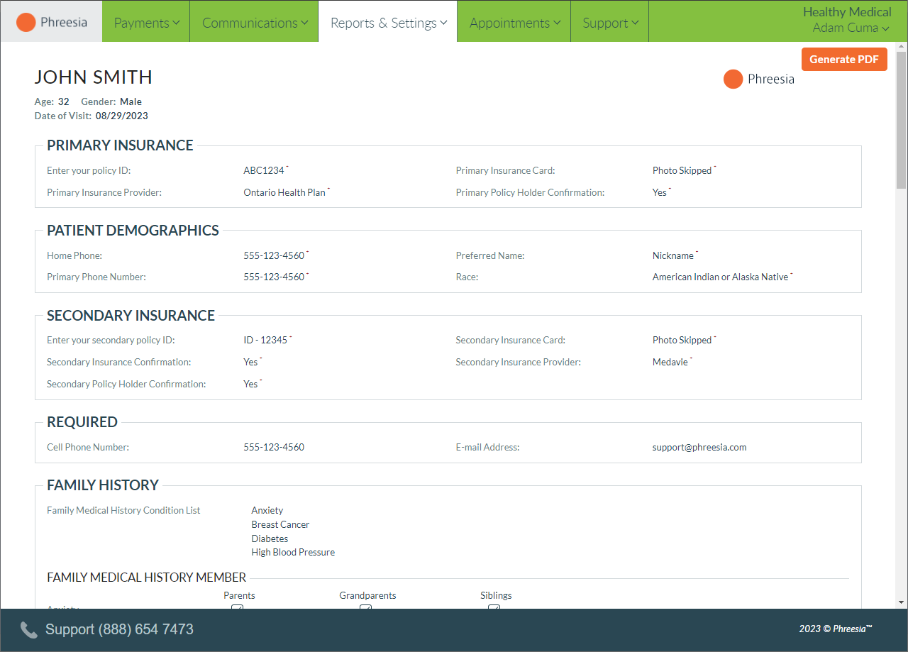 A screenshot of the Patient Report dashboard showing a sample patient's basic information.