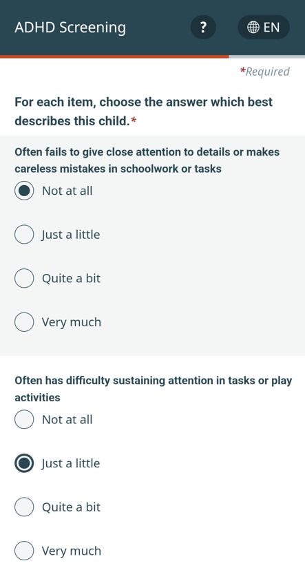 A screenshot of a questionnaire about ADHD symptoms.