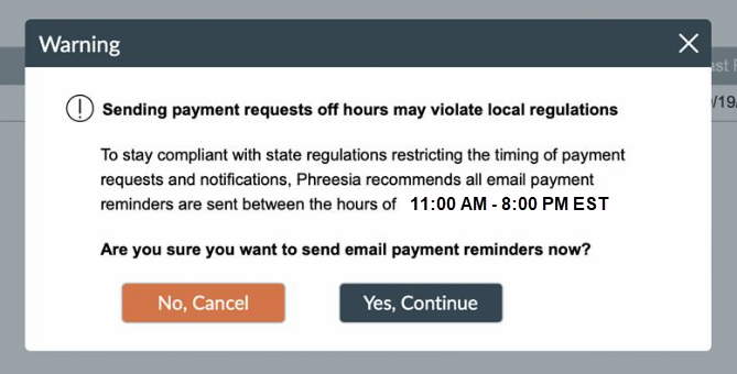 A screenshot of an off-hours payment request warning notification.