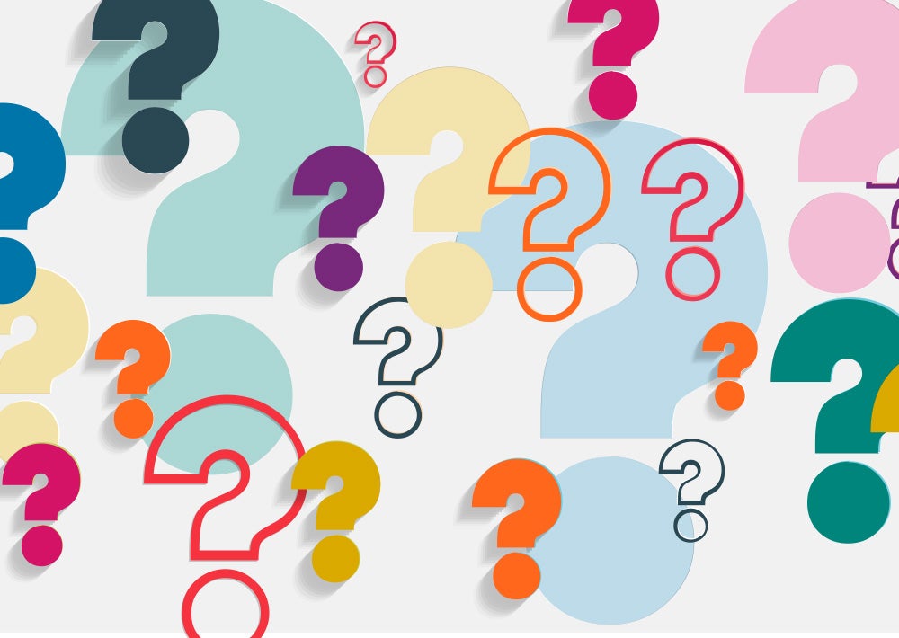 An illustration of question marks in various fonts and colors against an off-white background.