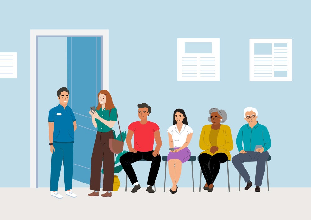 An illustration of several people in a healthcare organization's waiting room.