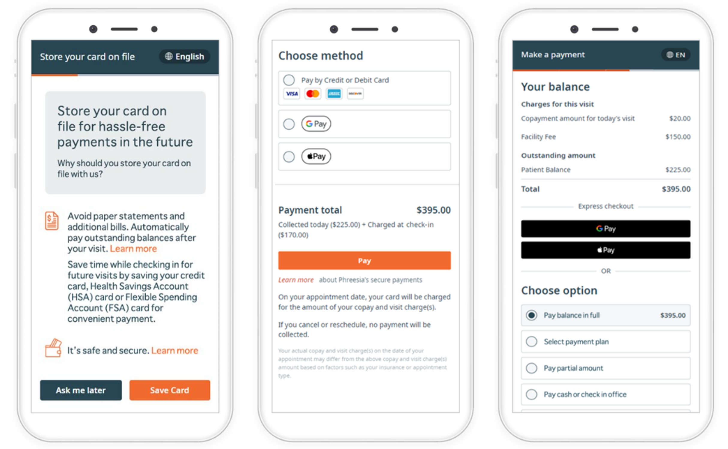 three mobile phones, side by side, displaying different screens in Phreesia's patient payment workflows