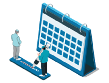 an illustration of two healthcare workers looking at an oversized flip calendar