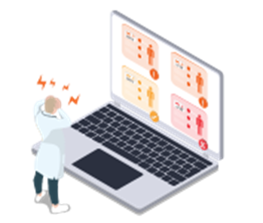 an illustration of a clinician appearing stressed, looking at an oversized laptop screen that appears to contain errors on multiple patients' records