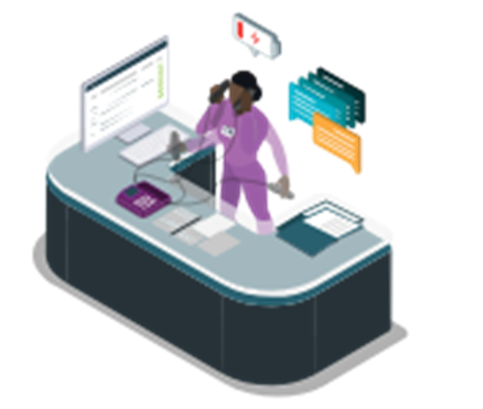 an illustration of a front-desk healthcare worker managing lots of tasks at once. A low-battery icon is displayed above her head, indicating that she does not have the capacity to handle this many responsibilities at the same time.