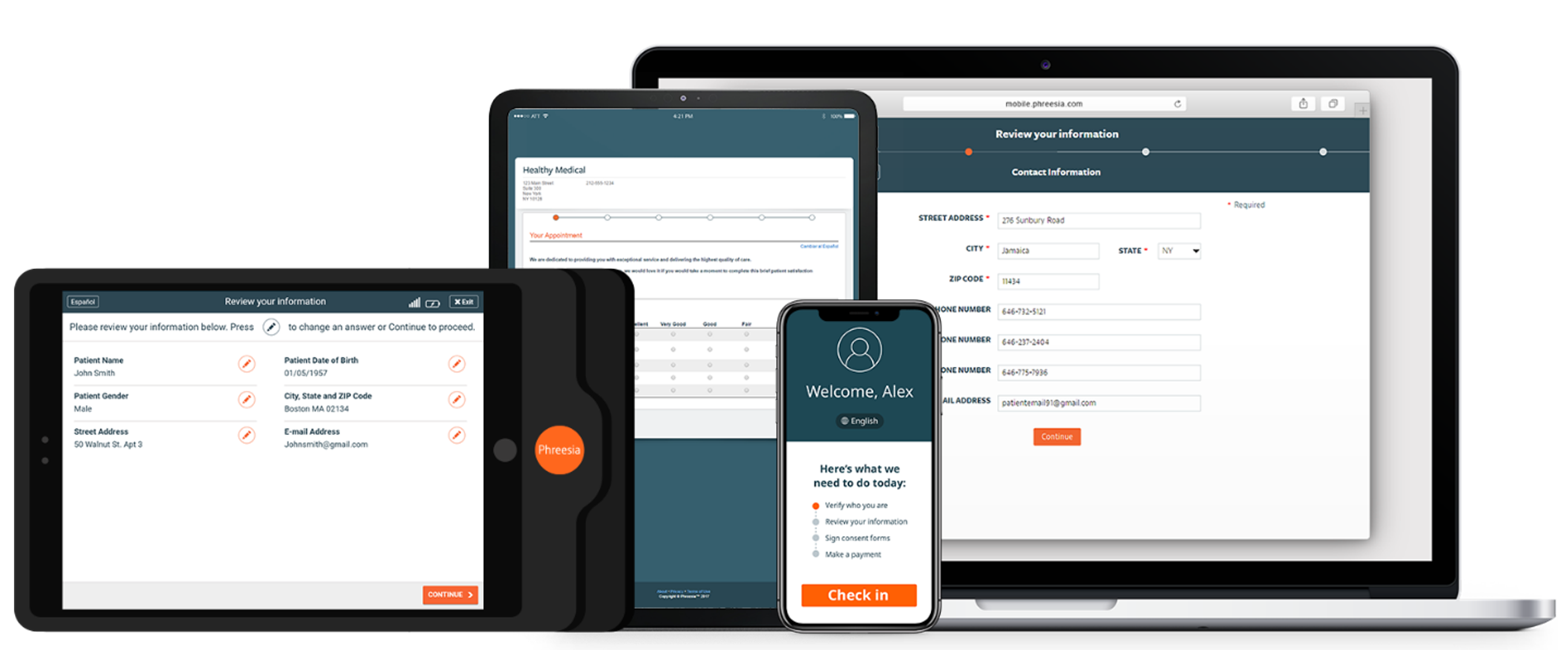 digital patient intake workflows shown on a tablet, iPad, mobile phone and laptop