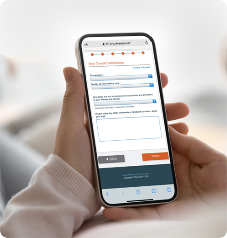 Someone filling out Phreesia's Overall Satisfaction Survey on mobile phone