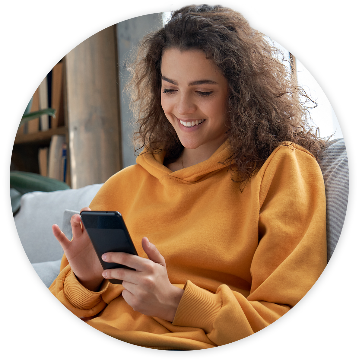 Privacy-Hero-v3-website Girl looking at Phreesia website on mobile phone