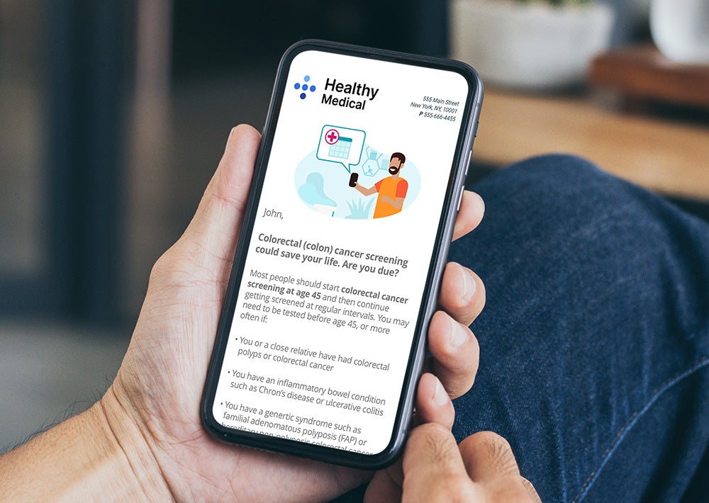 colon cancer prevention screening message on a mobile phone