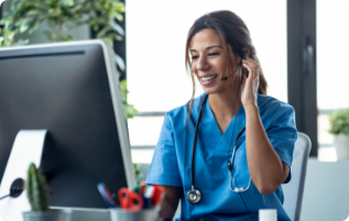 Nurse at front desk talking on headset