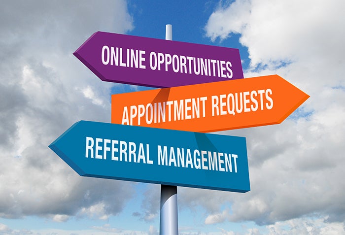 An image of three signposts that list the three steps to patient acquisition: "Online opportunities," "Appointment requests" and "Referral management."