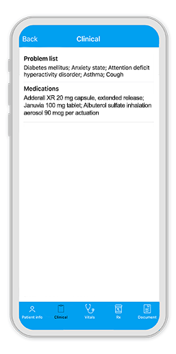 Screenshot of clinical tab on phone