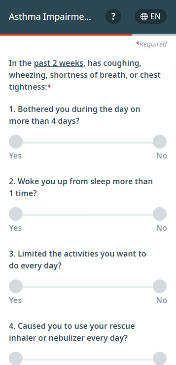 A screenshot of the follow-up screening tool to the Asthma Impairment and Risk Questionnaire (AIRQ)