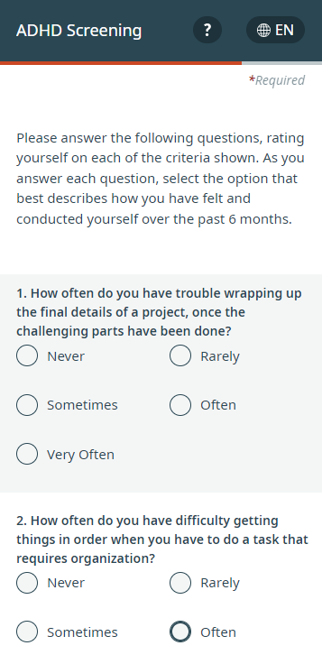 A screenshot of the Adult ADHD Self-Report Scale Screener questionnaire