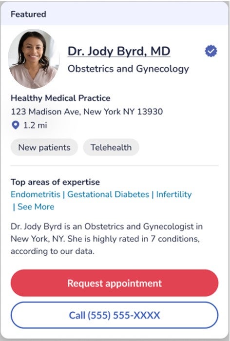 A screenshot of a physician profile on MediFind
