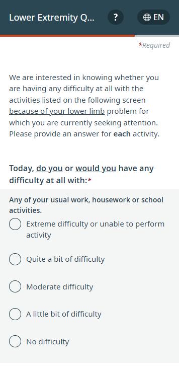 A screenshot of the Lower Extremity Functional Scale (LEFS) screening tool  questionnaire