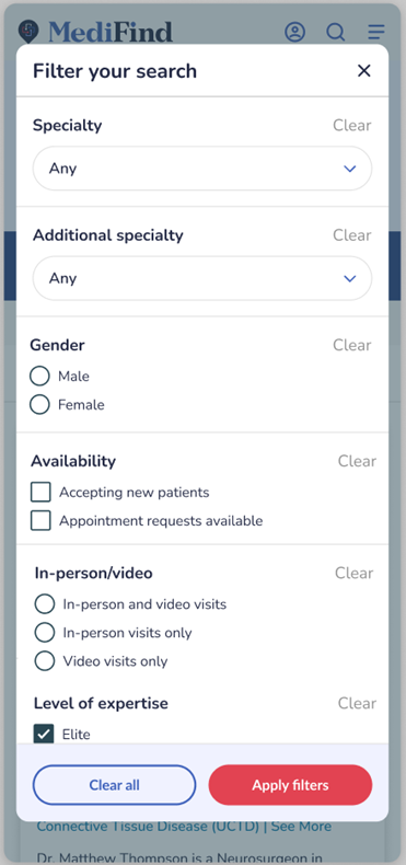 A screenshot of the filter UI that patients use on MediFind