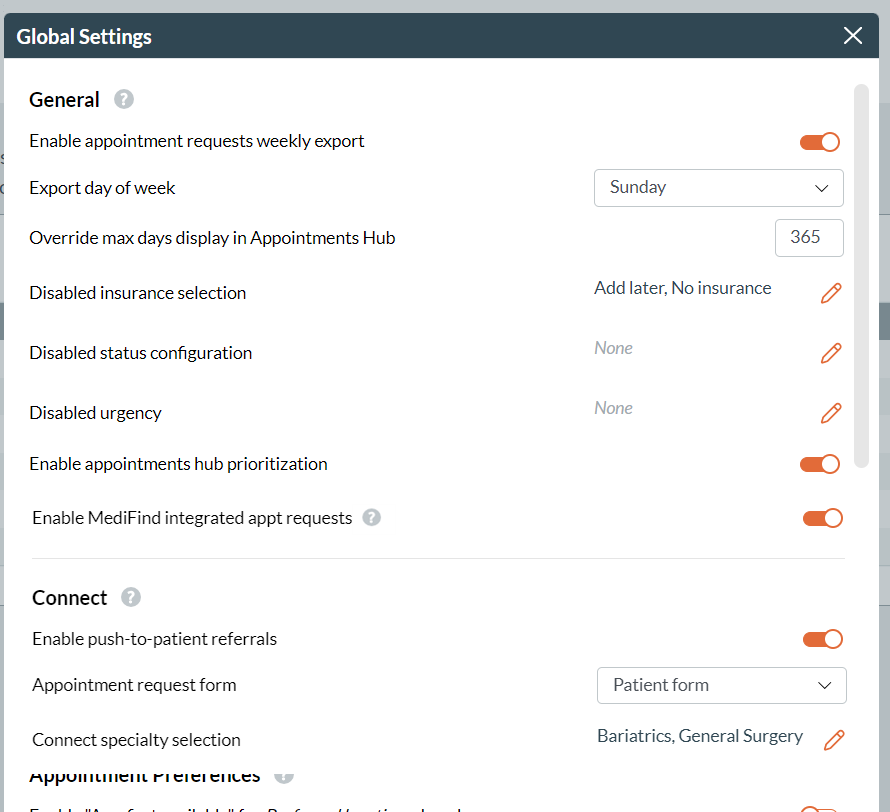 A screenshot of the settings UI in MediFind