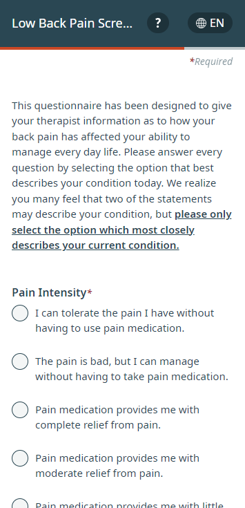 A screenshot of the modified Oswestry Disability Index (mODI) screening tool questionnaire