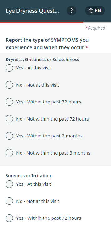 A screenshot of the the Standardized Patient Evaluation of Eye Dryness (SPEED) Questionnaire