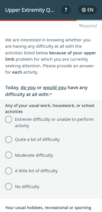 A screenshot of the Upper Extremity Functional Index (UEFI) questionnaire