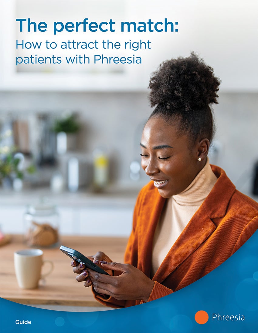 A woman wearing an orange jacket and holding a smartphone with both hands. She is looking at the screen and smiling. In the top-left, there is a text overlay that reads "The perfect match: How to attract the right patients with Phreesia"