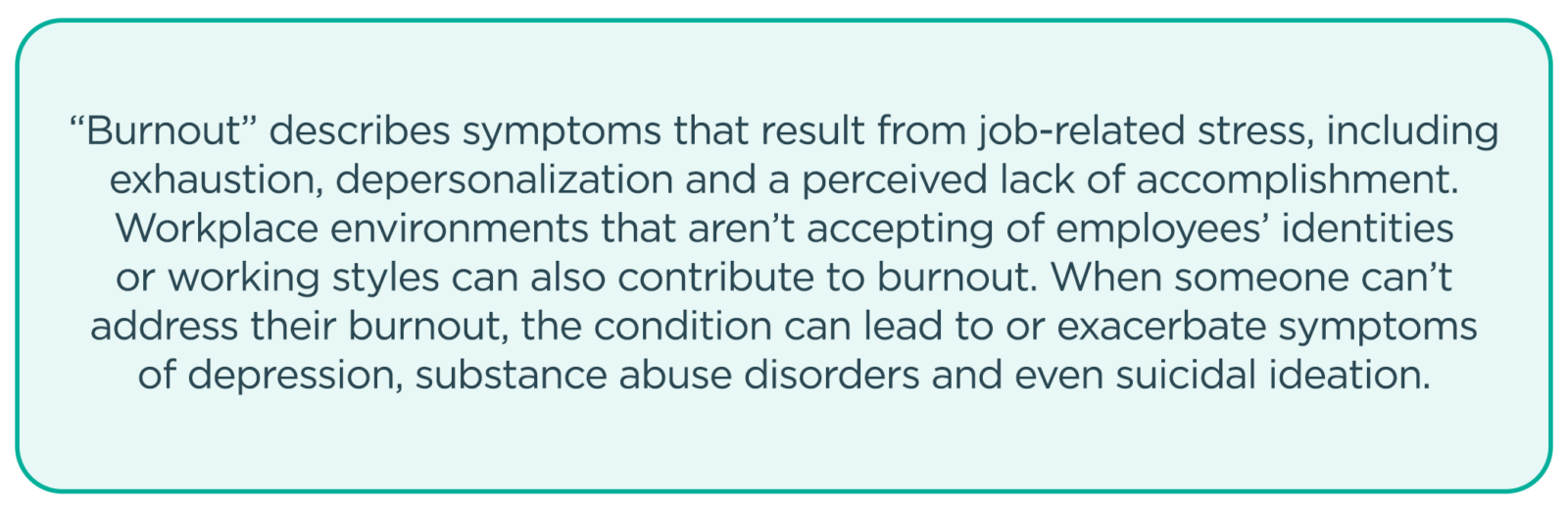 "Burnout" describes symptoms that result from job-related stress, including exhaustion, depersonalization and a perceived lack of accomplishment. Workplace environments that aren't accepting of employees' identities or working styles can also contribute to burnout. When someone can't address their burnout, the condition can lead to or exacerbate symptoms of depression, substance abuse disorders and even suicidal ideation.