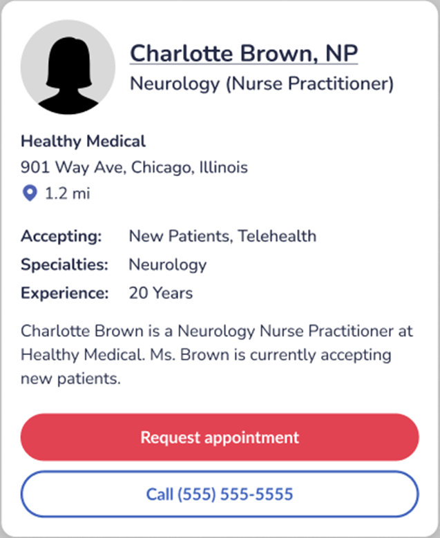 A screenshot of a nurse practitioner profile on MediFind with an appointment request button.